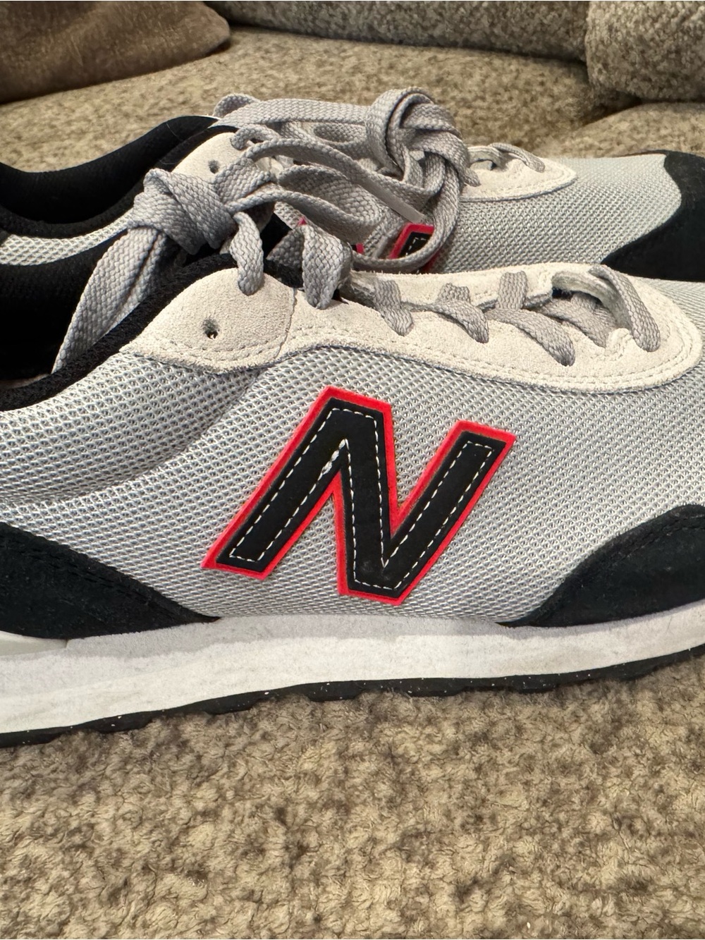 New Balance Light Gray Sneakers with Black & Red Logo
